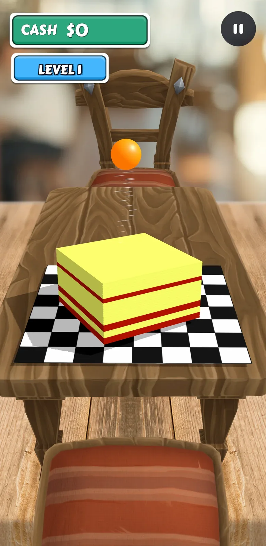Gameplay: a ball dropping onto a card stack